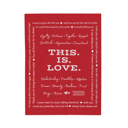 THIS IS LOVE Red plush velveteen blanket - gift for Valentine's Day, Anniversary, Wedding, Engagement, Bridal Shower