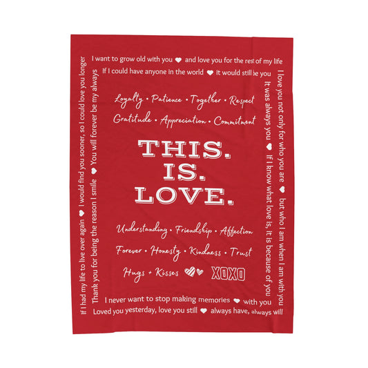 THIS IS LOVE Red plush velveteen blanket - gift for Valentine's Day, Anniversary, Wedding, Engagement, Bridal Shower