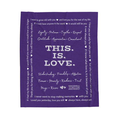 THIS IS LOVE Purple plush velveteen blanket - gift for Valentine's Day, Anniversary, Wedding, Engagement, Bridal Shower